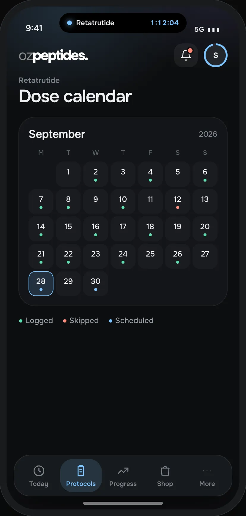 The OzPeptides app dose calendar