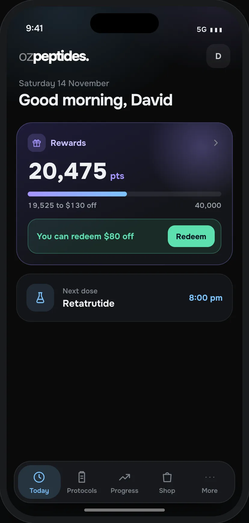 The rewards card on the app Today screen
